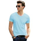 Мужская бесшовная футболка из вискозы, однотонная тонкая свободная футболка с V-образным вырезом и короткими рукавами, одежда для улицы, лето 2021