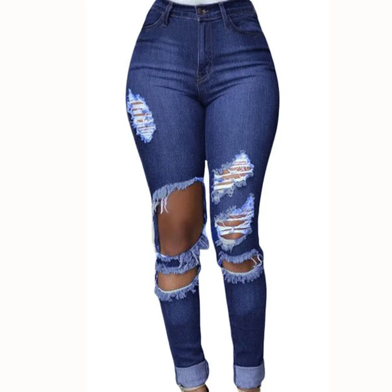 Женские джинсы с высокой талией обтягивающие дырками Стрейчевые узкие штаны