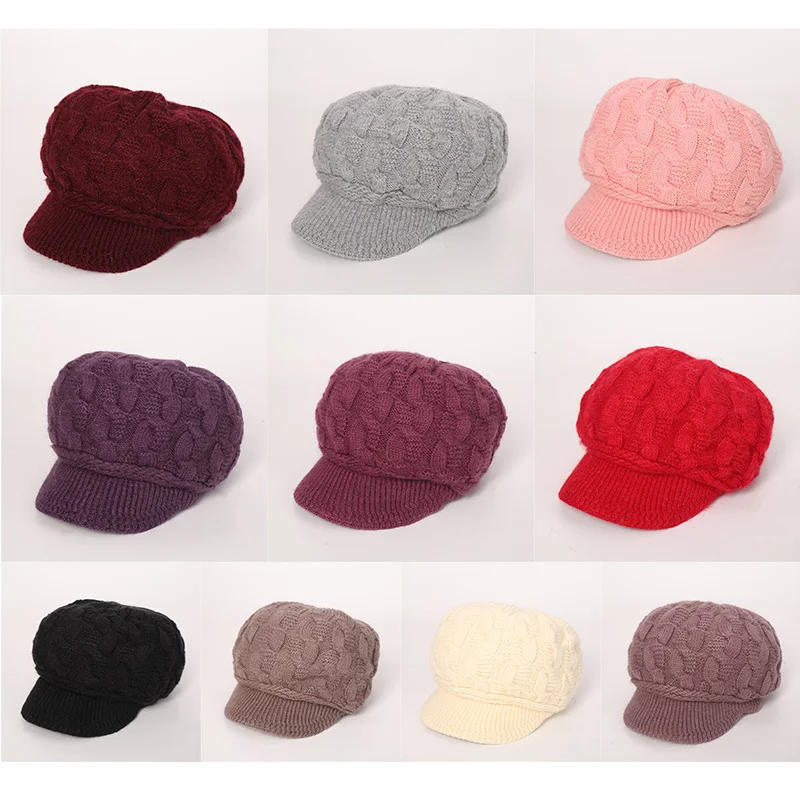 Women Winter Twist Knitted Hat Soft Velvet Thick Warm Beret Flat Brim Visor Ski Cap Elegant Ladies Solid Color Caps | Аксессуары для