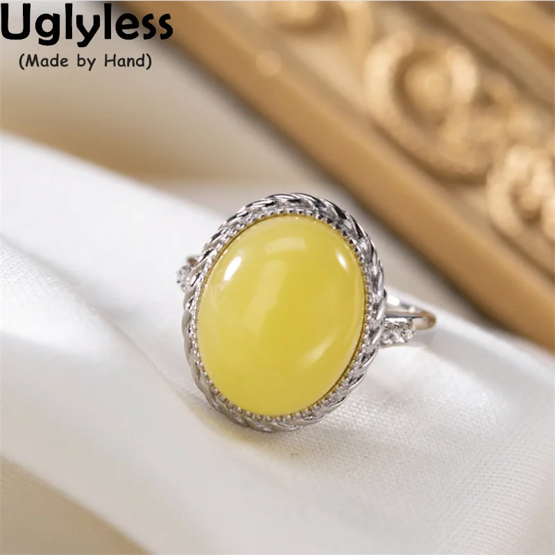 

Uglyless Luxury Natural Gemstones Jewelry for Women Chicken Oil Amber Beeswax Rings Elegant Lady Dress Rings 925 Silver Bijoux
