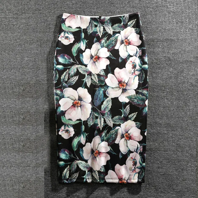

Women Skirts Summer Print Flowers Pencil Skirt Casual Skirts Knee-Length Plus Size Faldas Mujer Moda Jupe Femme