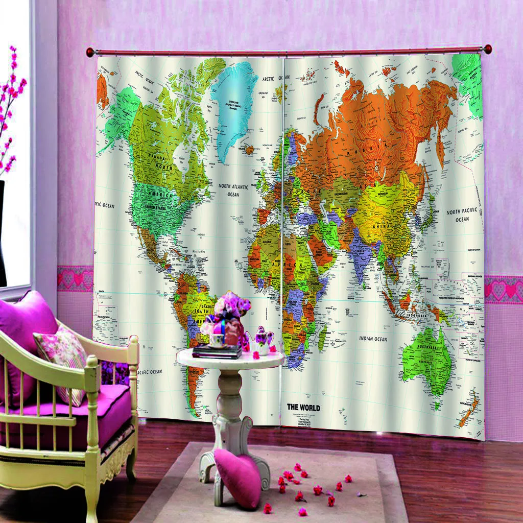 Светонепроницаемые шторы с цифровой печатью карты мира для детской комнаты