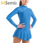 Гимнастическое платье для девочек, платье для фигурного катания на коньках, с длинными рукавами, с имитацией шеи, из тюля, с вырезами сзади, балетное танцевальное трико, детское