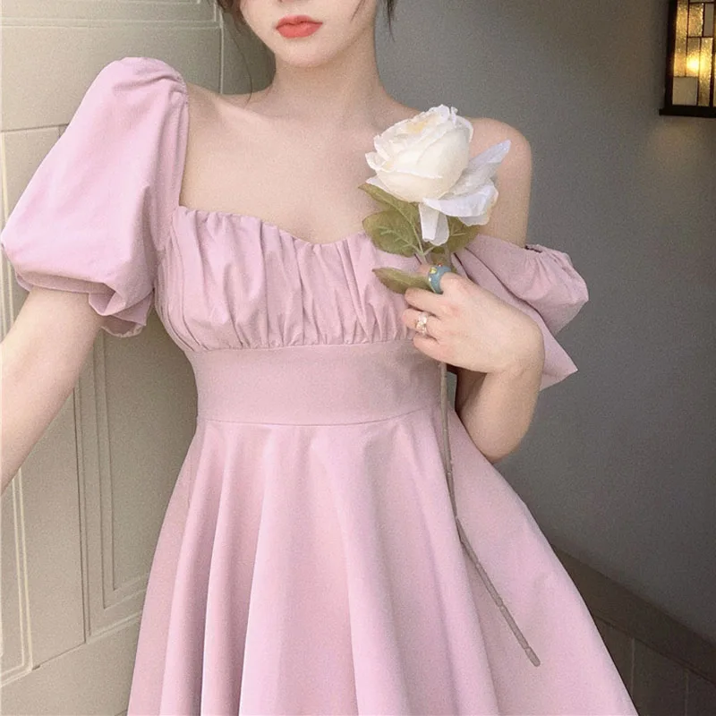 

Милые винтажные летние платья 2021, женское повседневное однотонное элегантное мини-платье в Корейском стиле, женские вечерние платья с пышными рукавами, сексуальный квадратный воротник