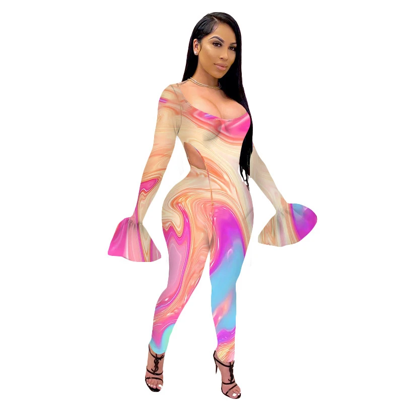 

Adogirl Tie Dye Print Sheer Mesh Two Piece Set Jumpsuit Off Shoulder Flare Sleee Bodysuit Top Pencil Pants Night Club Outfits