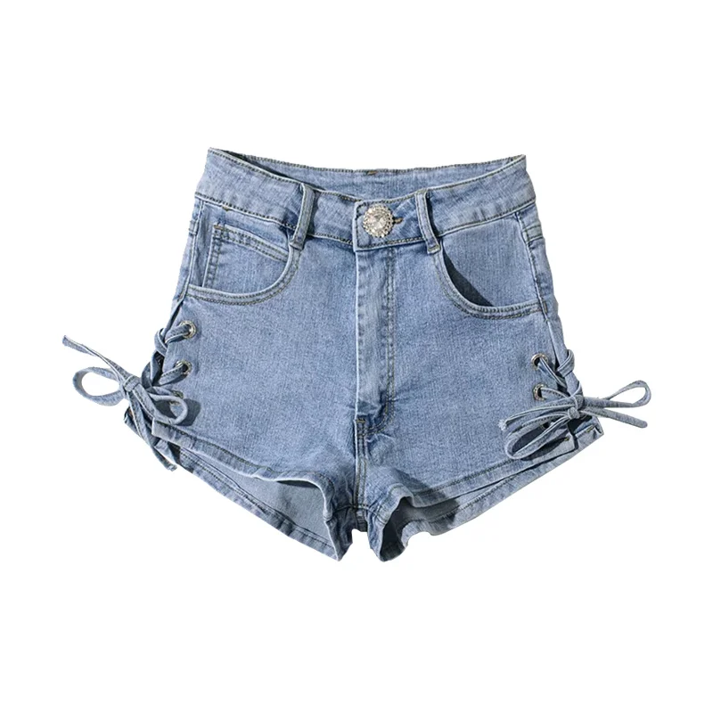 

WOMENGAGA Summer High Waist Side Bandage Wide Leg Jeans Woman Diamond Button Sexy Hollow Elasticity Denim Hot Shorts AR7V
