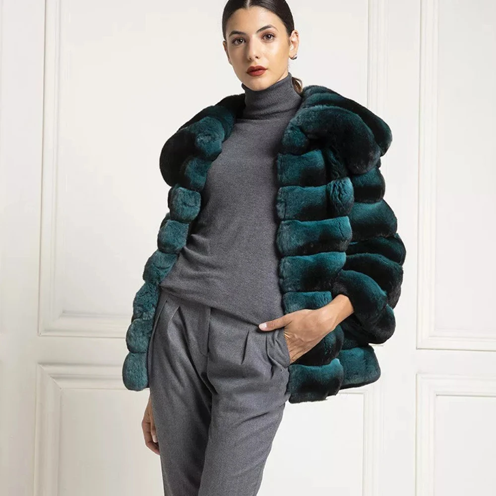 Fashion Green Natural Rex Rabbit Fur Jacket Stand Collar High Quality Natural Full Pelt Genuine Rex Rabbit Fur Coats Outwear