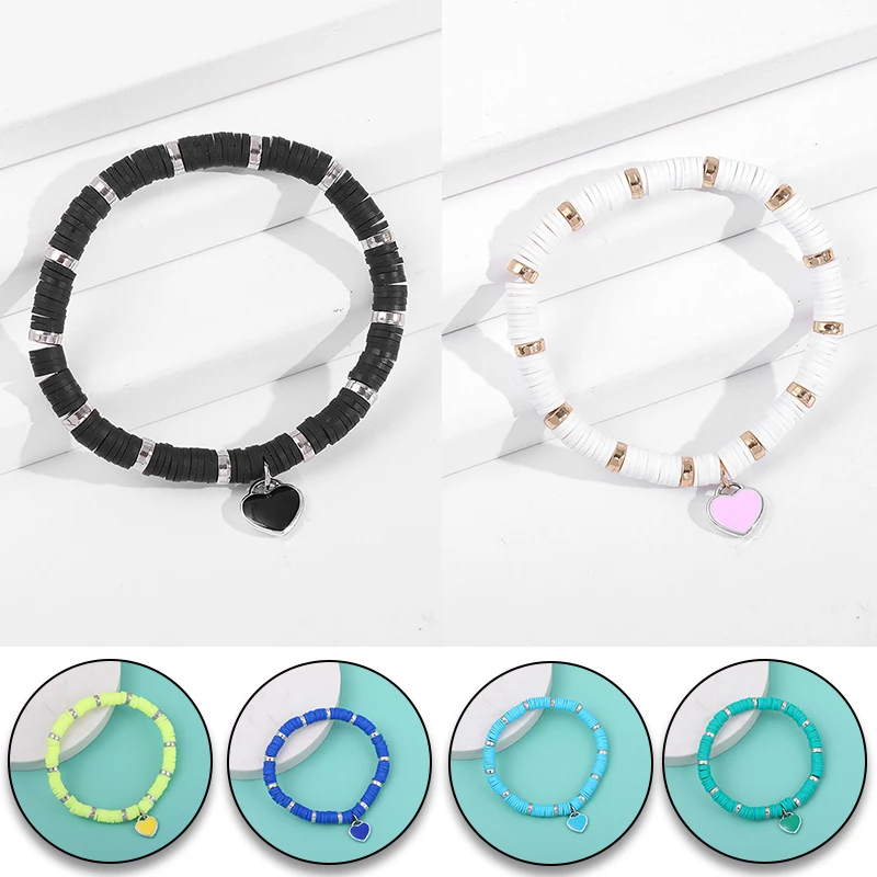 

1PCS Women's Solid Color Love Pendant Soft Ceramic Bracelet 6mm Color Beach Bracelet Elastic Rope Bracelet Beaded Bracelet S78