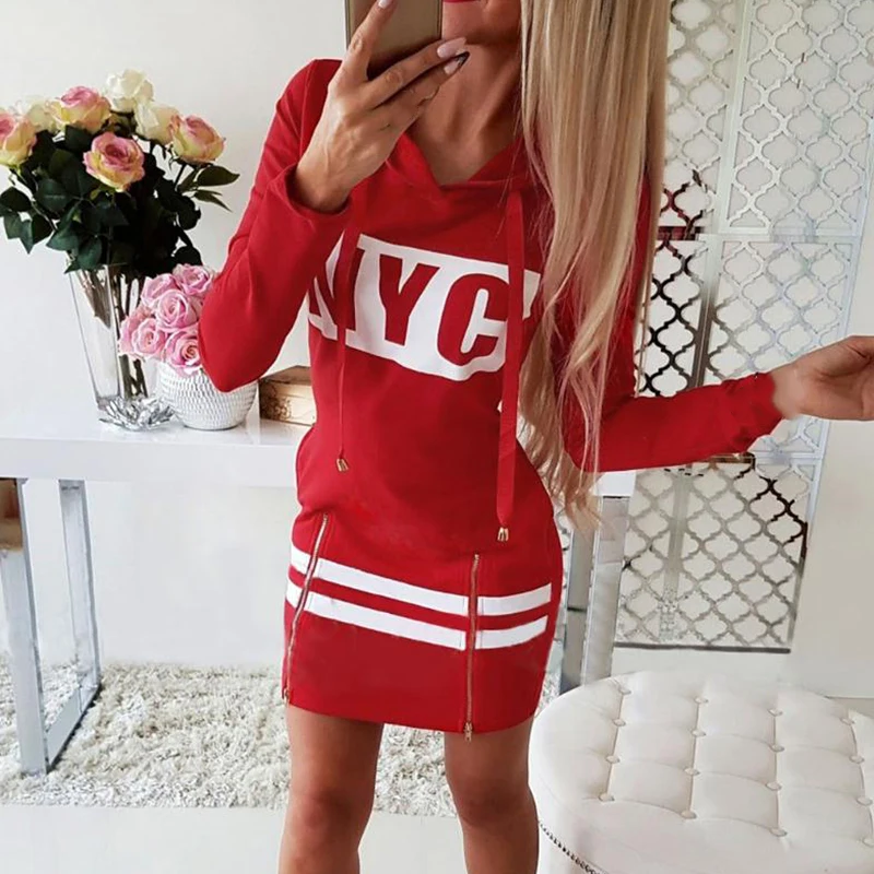 Women Casual Dress Patchwork Design Hooded Zipper Decor Long Sleeve Letter Print Lady Autumn Mini | Женская одежда