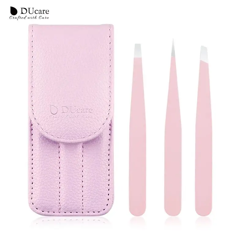 

DUcare 3pcs Hair Removal Tweezers Stainless Steel Eyebrow Tweezers Pink Black Flat Slant Point Tip Removal Makeup Beauty Tool