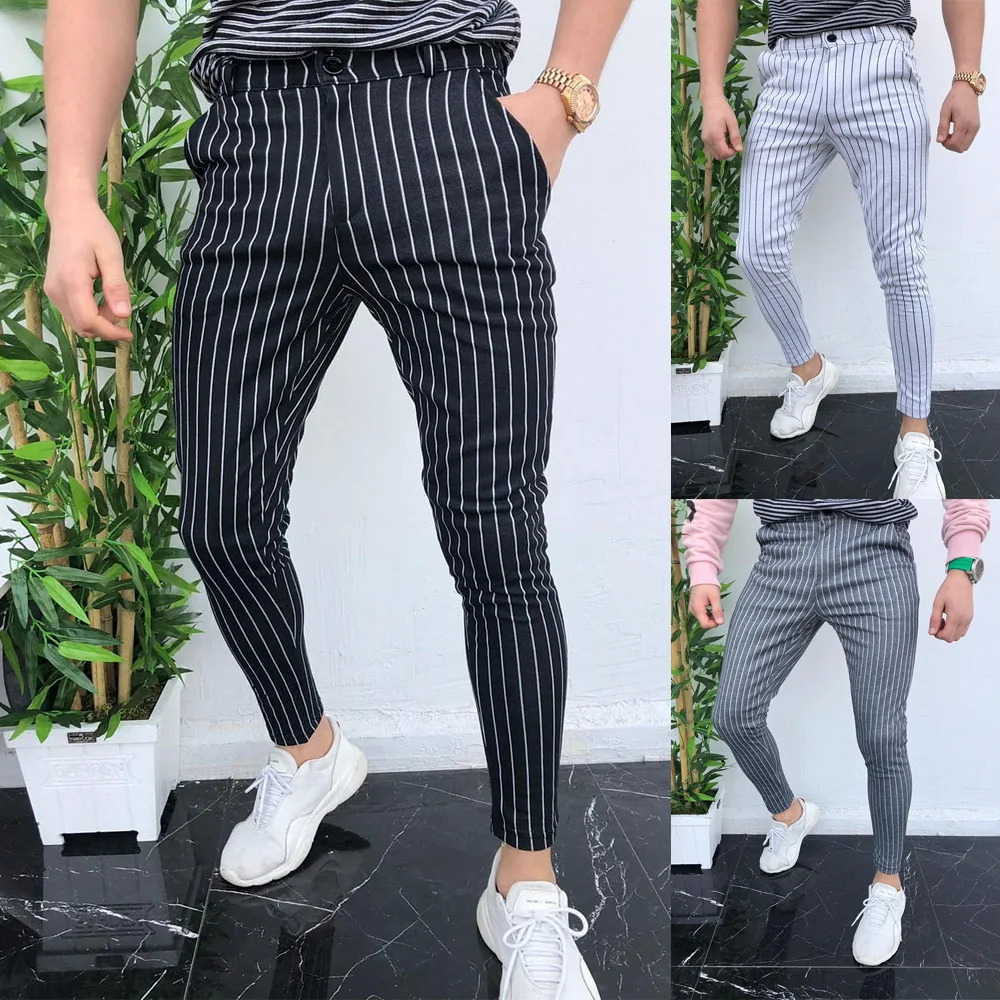 

Puimentiua 2021 Men's Slim Fit Stripe Business Formal Pants Casual Office Skinny Long Straight Joggers Sweat Pants Trousers
