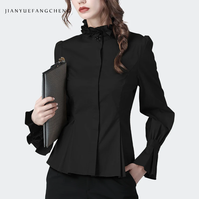 

Office Ladies Shirt Elegant Stand Ruffled Collar Flared Long Sleeve Cotton Top Pearl Beaded Draped Women Peplum Tops And Blouses