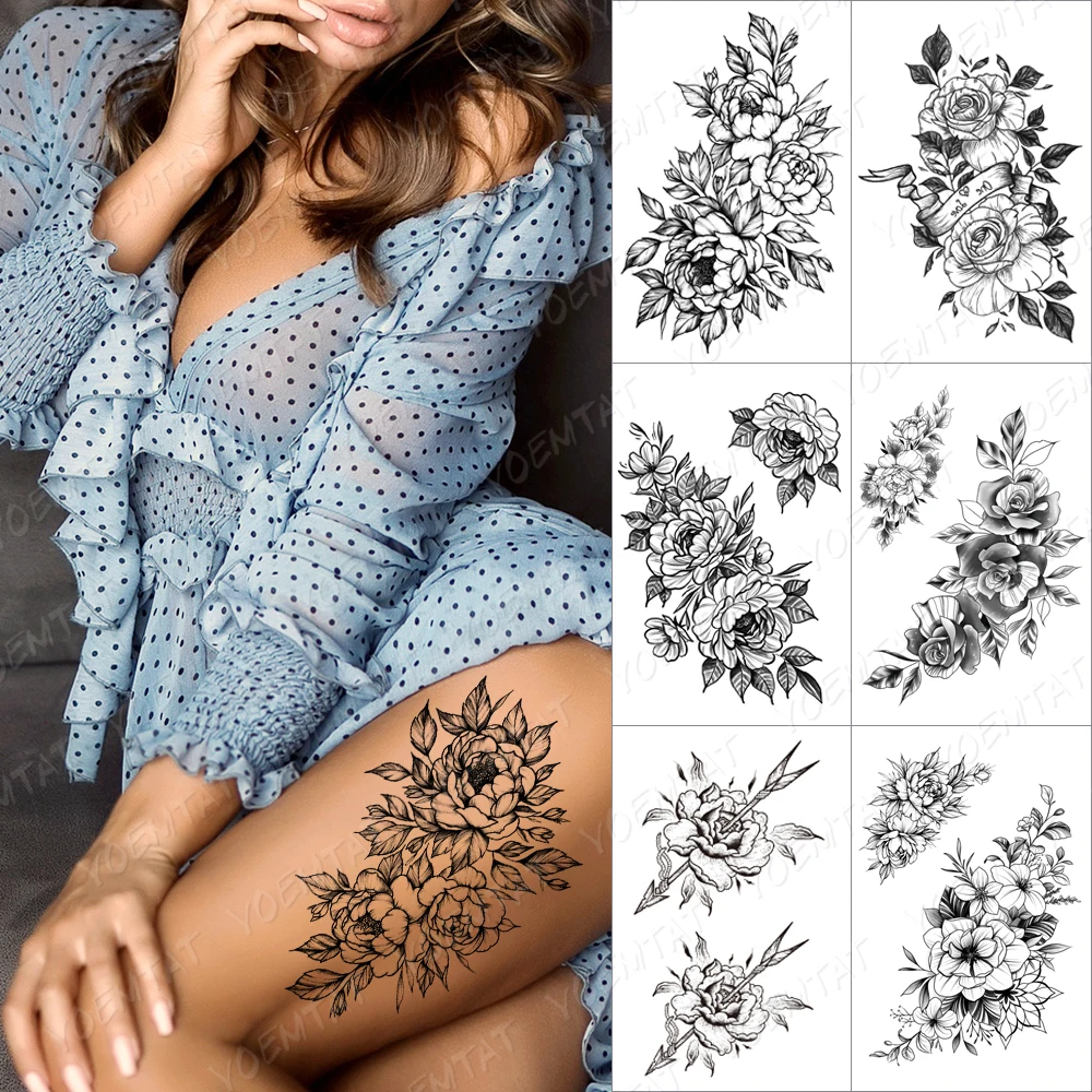 

Lines Roses Snake Flowers Temporary Tattoo Sticker For Men Women Adult Peony Waterproof Fake Henna Body Art Tattoo Decal