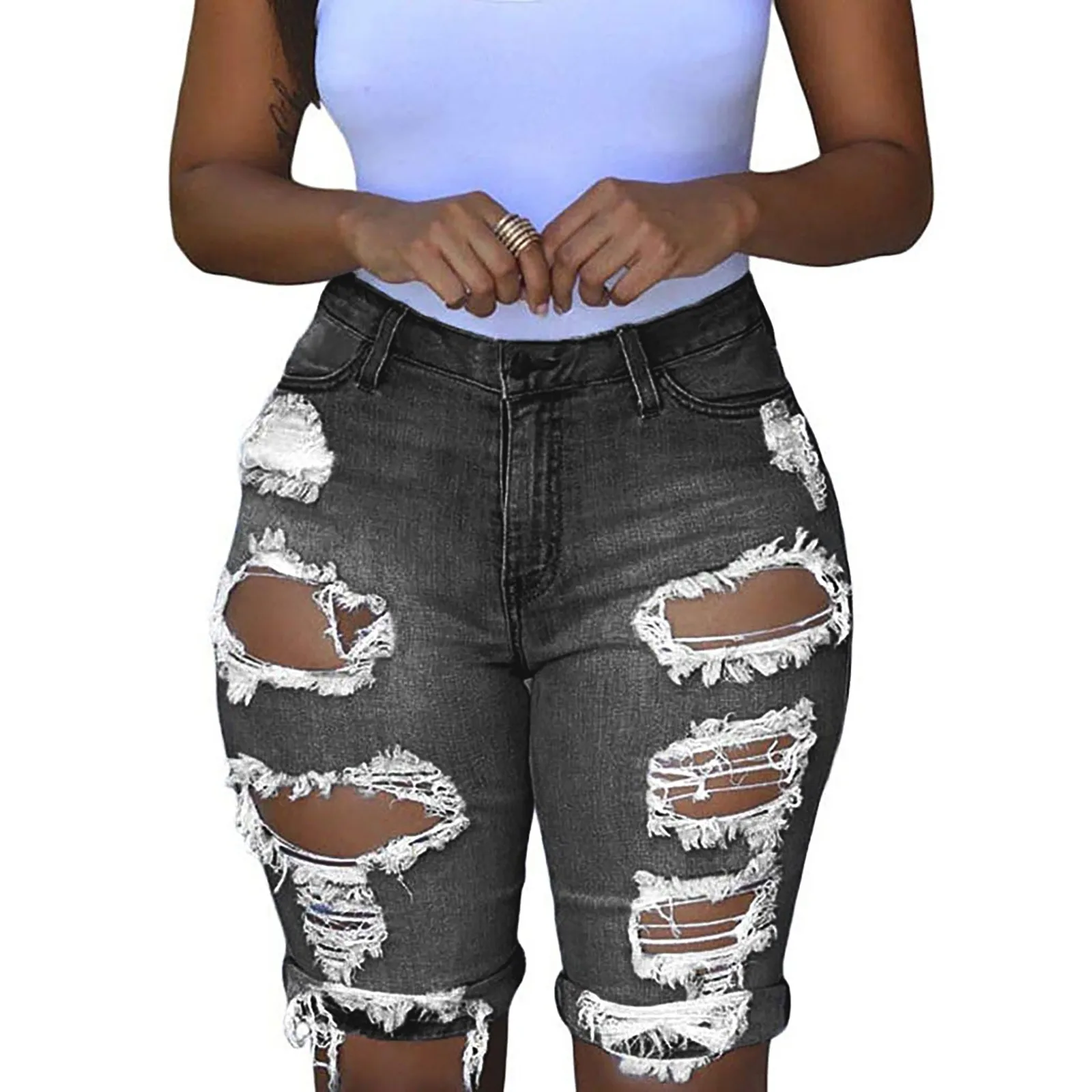 

Women Elastic Destroyed Hole Leggings Short Pants Denim Shorts Ripped Jeans