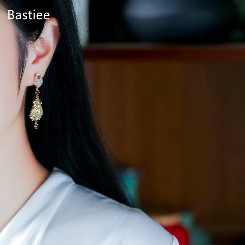 

Bastiee Korean Earrings Earrings Silver 925 Jewelry For Women Jade Golden Plated Long Earrings Vintage Silver Earrings