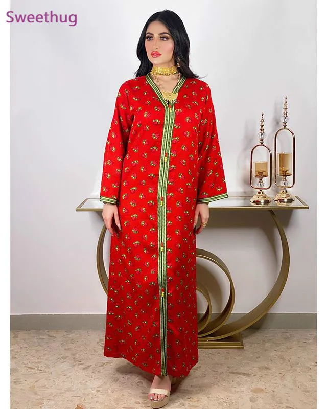 Женское платье с капюшоном, красное платье абайя из Дубая, с вельветовой лентой, с длинным рукавом, красное, в марокканском, турецком, арабск...