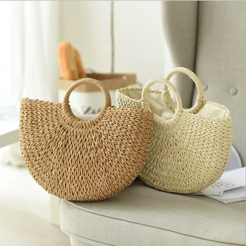 

Summer Women Moon Handmade Beach Bags Vacation Retro Straw Bag Wrapped Shell Shaped Woven Bag Fresh Sweet Top Handbags Totes