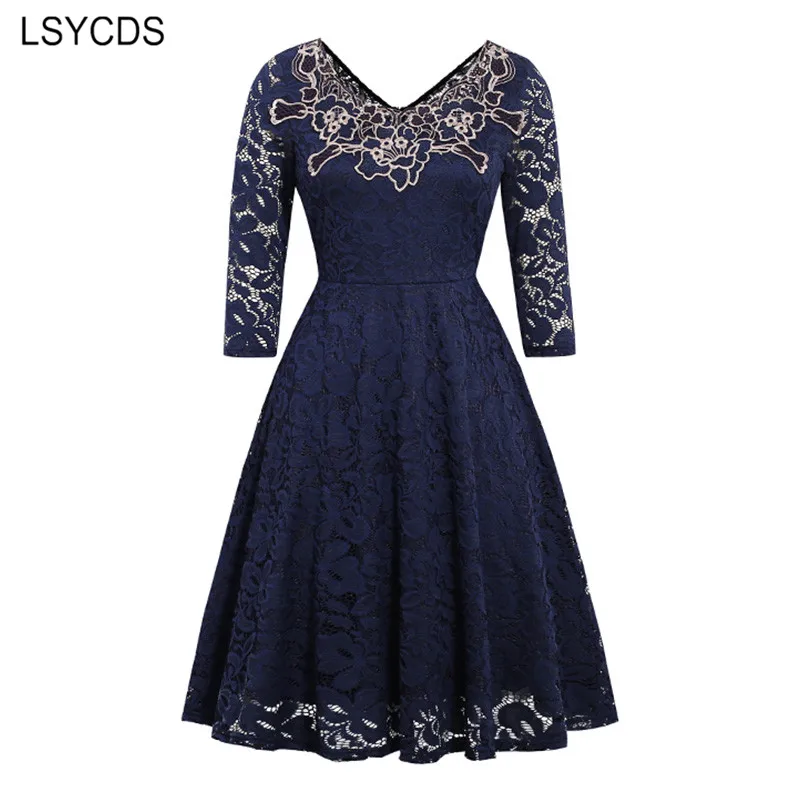 Женское винтажное кружевное платье LSYCDS темно синее с длинными рукавами и