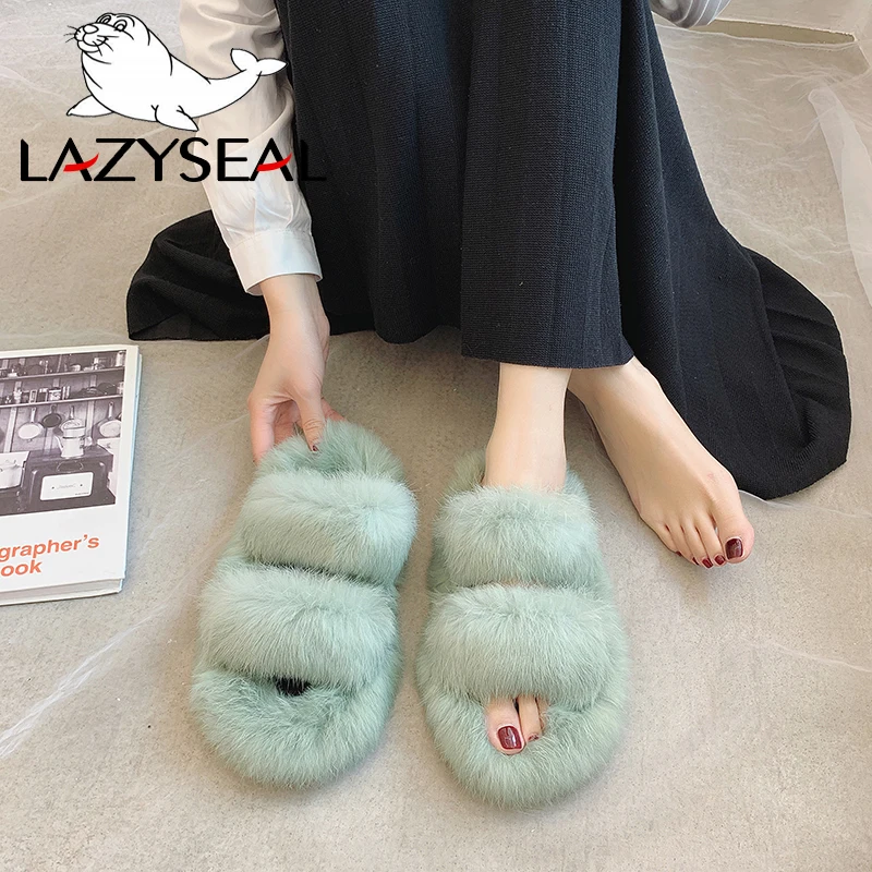 LazySeal/женские тапочки с натуральным мехом новые тапочки их меха под кролика домашние Шлепанцы женские пушистые домашние вьетнамки