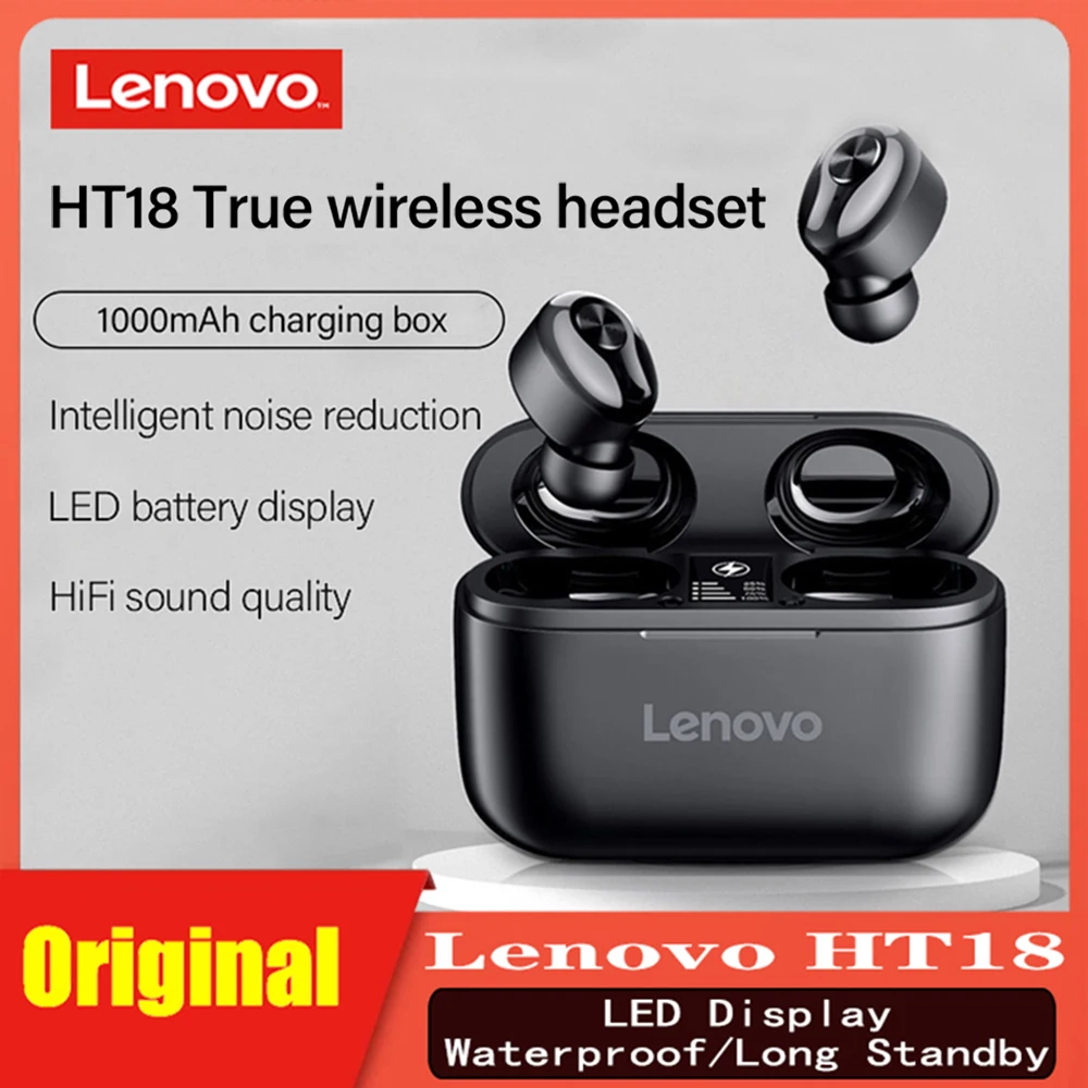 

Original Lenovo HT18 Wireless Headphones TWS Bluetooth Earphones HIFI Stereo Headset with mic LED Display Long Standby 1000mAH