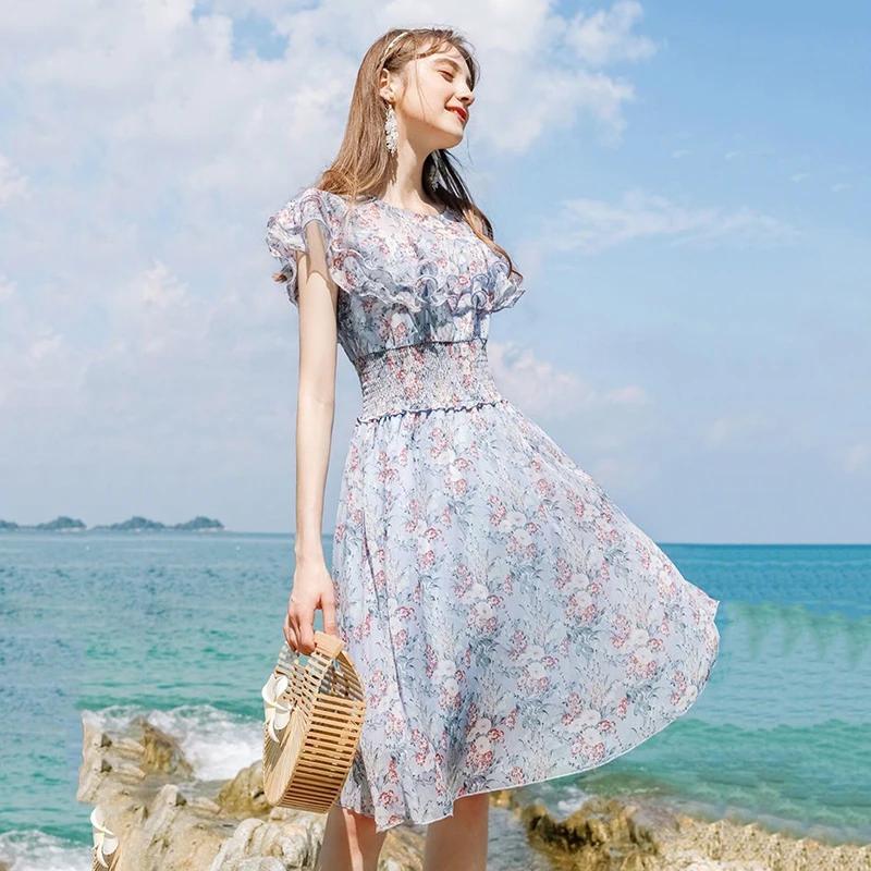 

Elegant Ruffle Chiffon Print Dress Women Sexy Off Shoulder Slim Waist Party Dresses Ladies 2022 New Knee Length Floral Dress