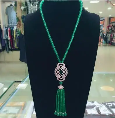 

hot sell new natural green stone micro inlay zircon clasp tassel necklace long sweater chain fashion jewelry