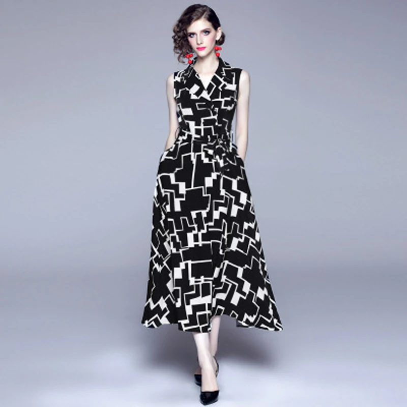 

Woman summer sleeveless dress women elegant dress and ladies dress V-Neck Vintage print dress for women