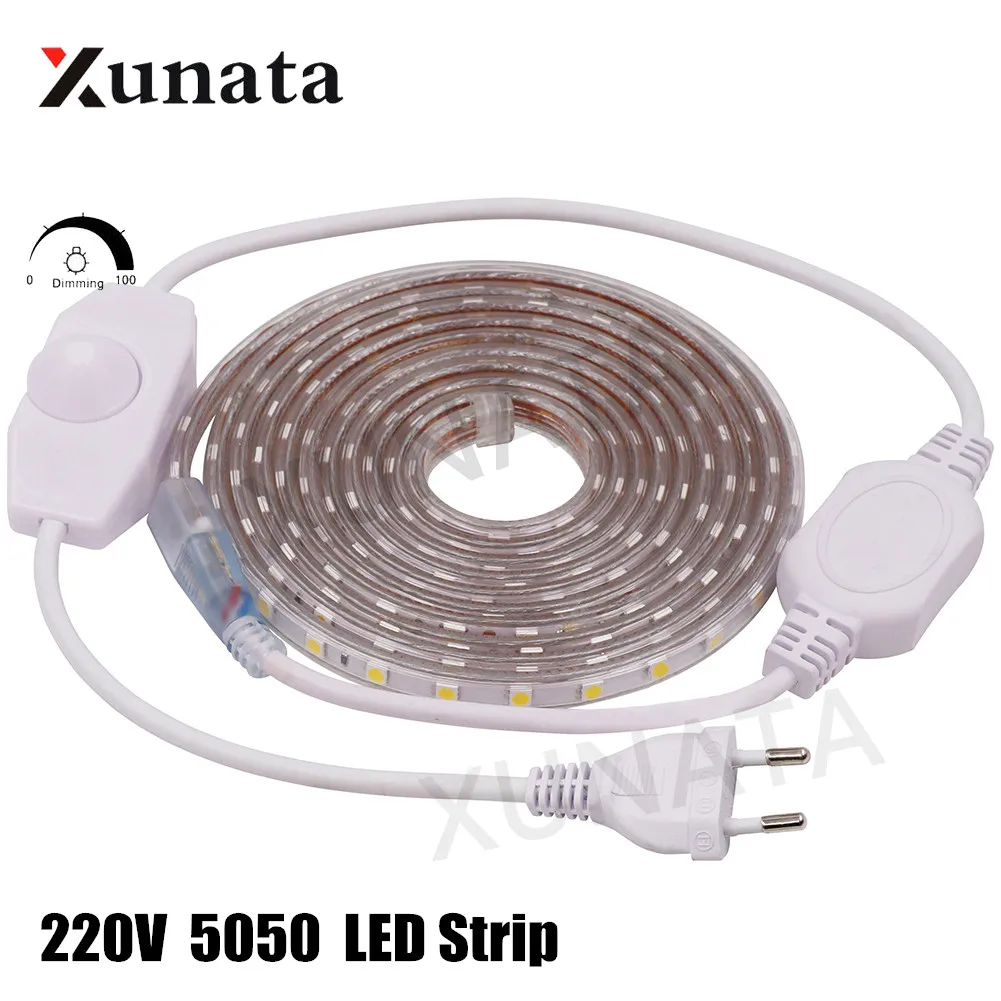 

220V LED Strip IP67 Waterproof Outdoor Lighting SMD 5050 60 LEDs/m Ribbon Tape Flexible LED Light Lamp With EU Dimmer Plug