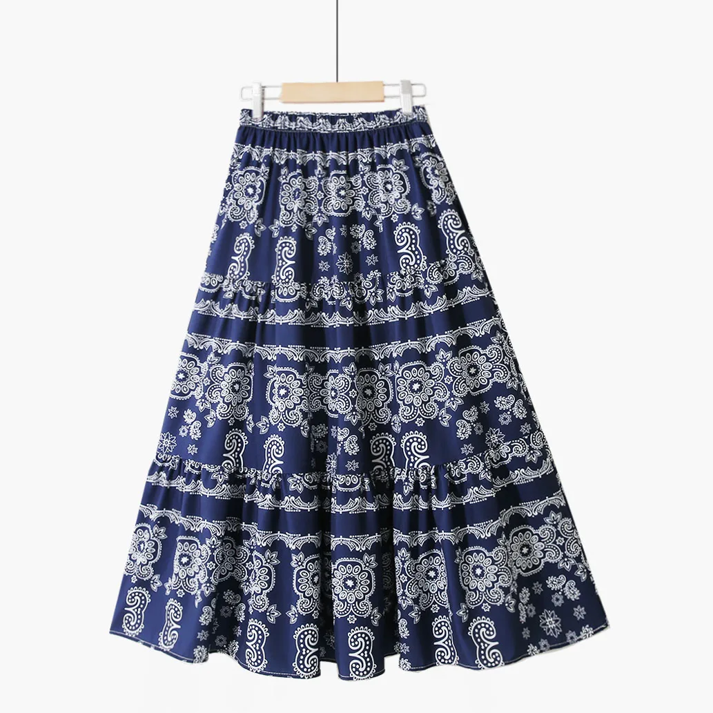 

Vintage Bohemian Style Women A-line Maxi Pleated Skirt Spring Summer Ethnic Elastic Waist Jupe Floral Chiffon Boho Beach Saias