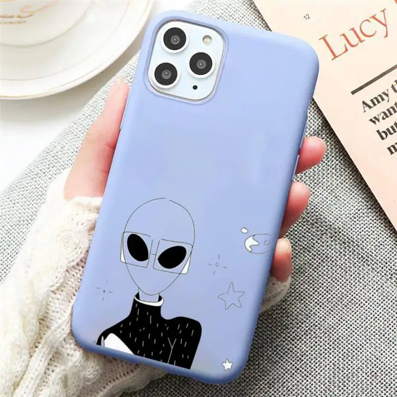

Funny cute Cartoon alien spaceGay Phone Case Candy Color Blue for iPhone 11 12 pro XS MAX 8 7 6 6S Plus X 5S SE 2020 XR