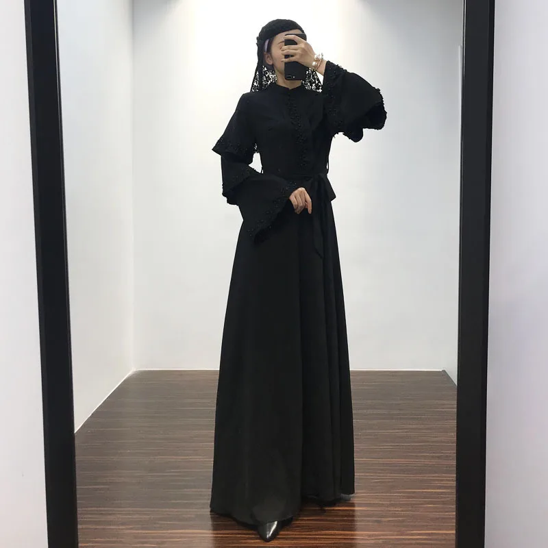 black Черный Халат abaya Femme Дубай исламский, мусульманский рукав колокол платье Caftan восточный женский халат для женщин Омани Elbise платья Хиджаб одежда - Цвет: black