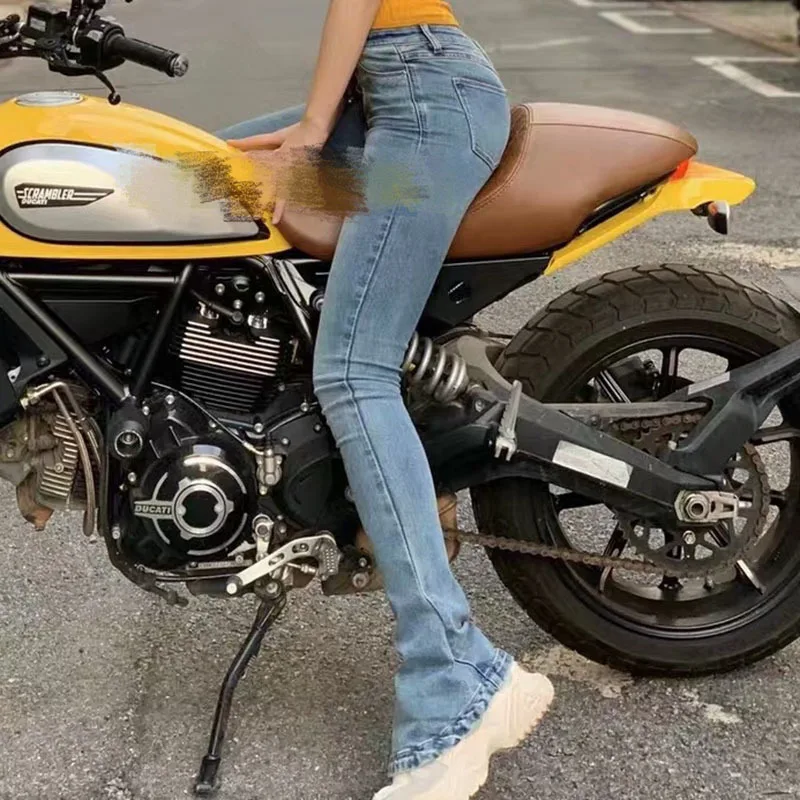 

[DEAT] High Elastic Waist Blue Speaker Horseshoe Cotton Trousers New Skinny Fit Pants Women Fashion Tide Summer 2021 7D0805