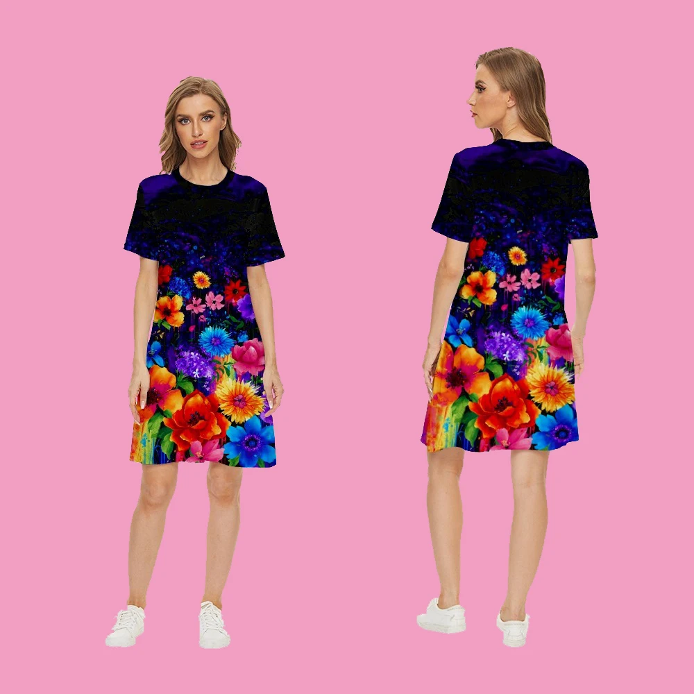 

Женское платье с круглым вырезом, коротким рукавом и цветочным принтом