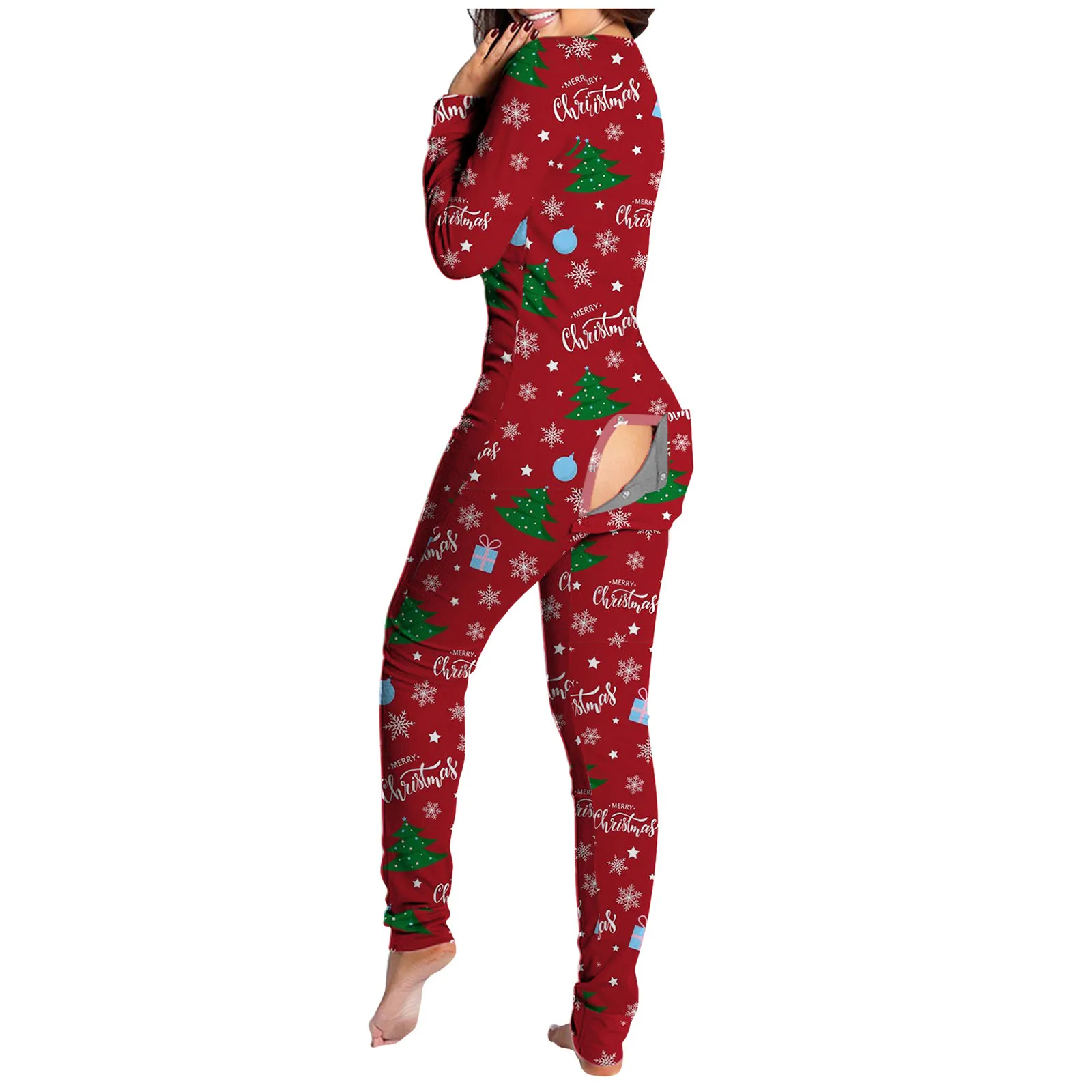 Sexy Christmas Pajama for Women New Year Jumpsuit Button-down Front Back Butt Bum Open Ass Flap Xmas Print Loungewear |
