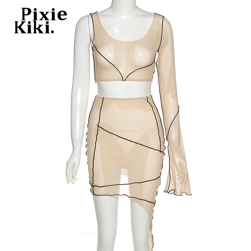 

PixieKiki Sexy Sheer Mesh One Flare Sleeve Crop Top and Skirt Two Piece Set Women Club Outfits Asymmetric Dress Suit P96-BZ10