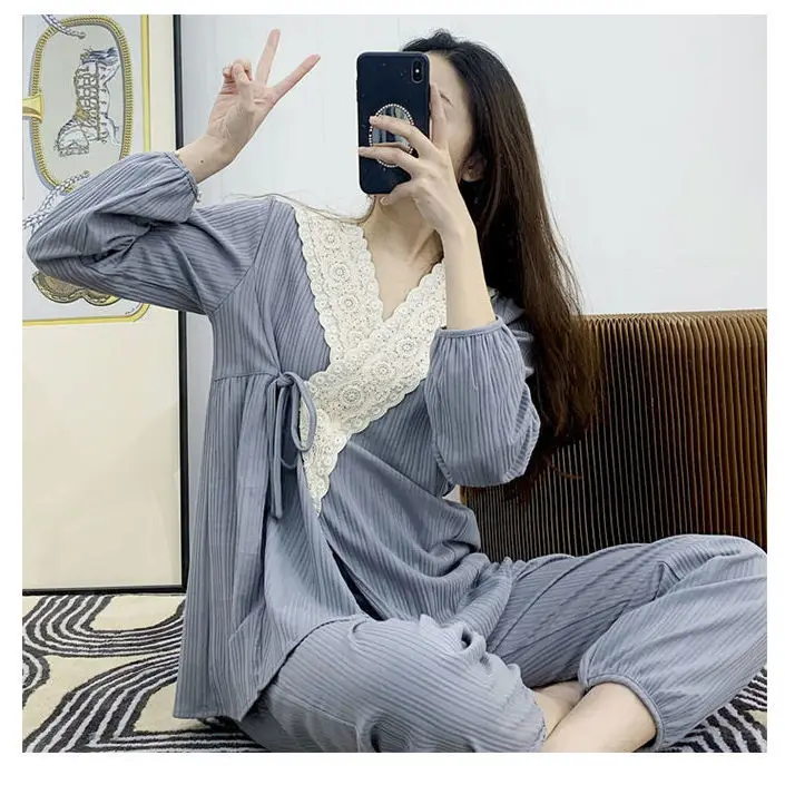 Kimono Pajamas Plus Size Japanese Pajamas Thin Long Sleeve Pajamas Set Spring Autumn Princess Sleeved Lace Home Clothes