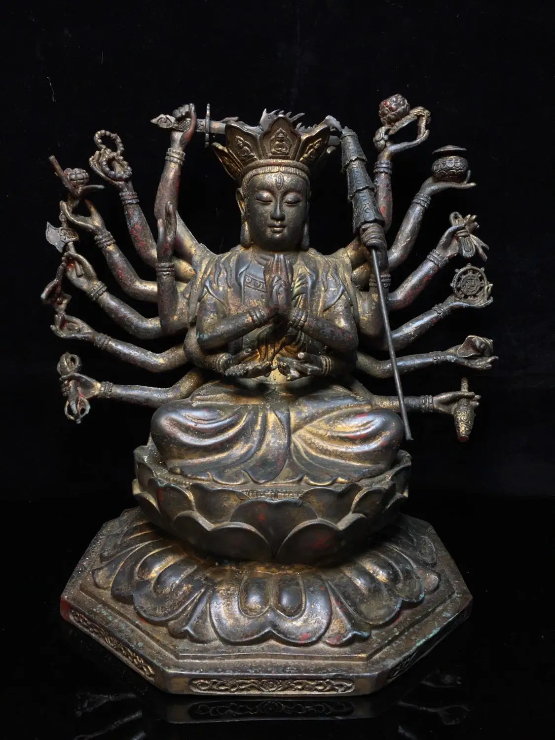 

11" Tibet Buddhism Temple Old bronze 1000 Arm Guanyin Buddha Statue Statue of Avalokitesvara Guanyin Buddha Statue