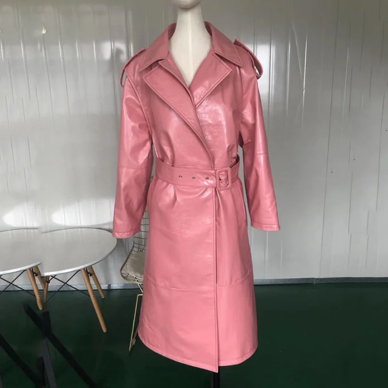 Длинное пальто для весны и осени новинка 2022 куртка из натуральной кожи розового
