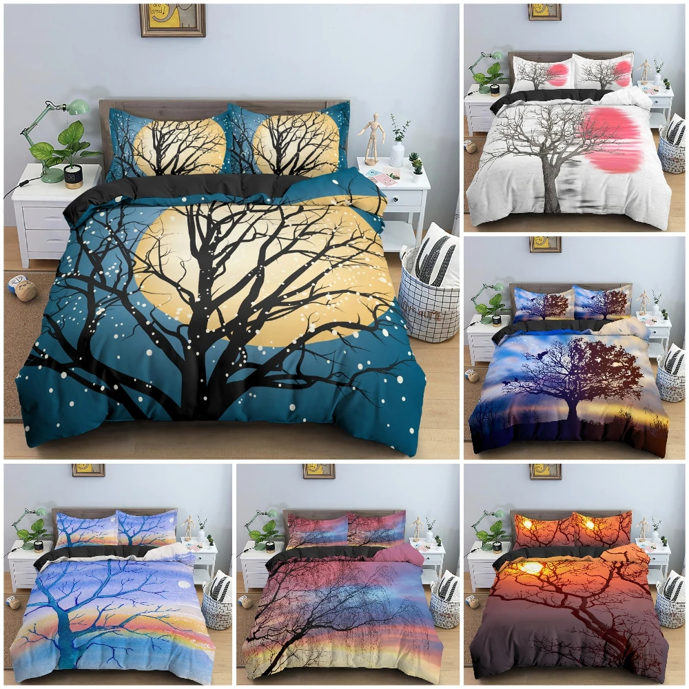 

Комплект постельного белья с красивым 3d-пейзажем для спальни, силуэт дерева на закате неба, пододеяльник/пододеяльник, наволочка, 2/3 шт.