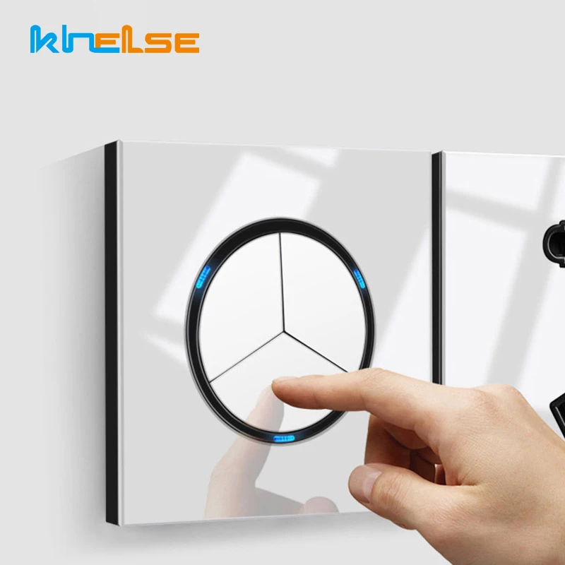 

Khelse Crystal Glass Panel 1 2 3 4 Gang 2 Way Random Click Push Button Wall Light Switch With LED Indicator Wall Socket Switch