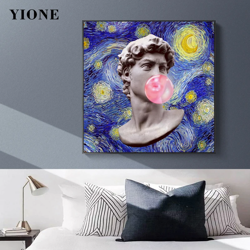 

David Stone Statue Blowing Bubbles Art Poster Abstract Blue Starry Sky Sculpture Canvas Picture Wall Decoration Painting Prints