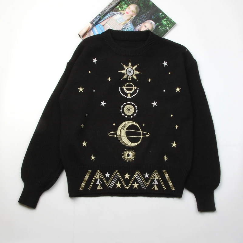 Autumn Winter Female Cosmic Space Pattern Long Sleeves O-neck Knitted Pullover High Quality Women Sweater Jumper Runway Tops | Женская