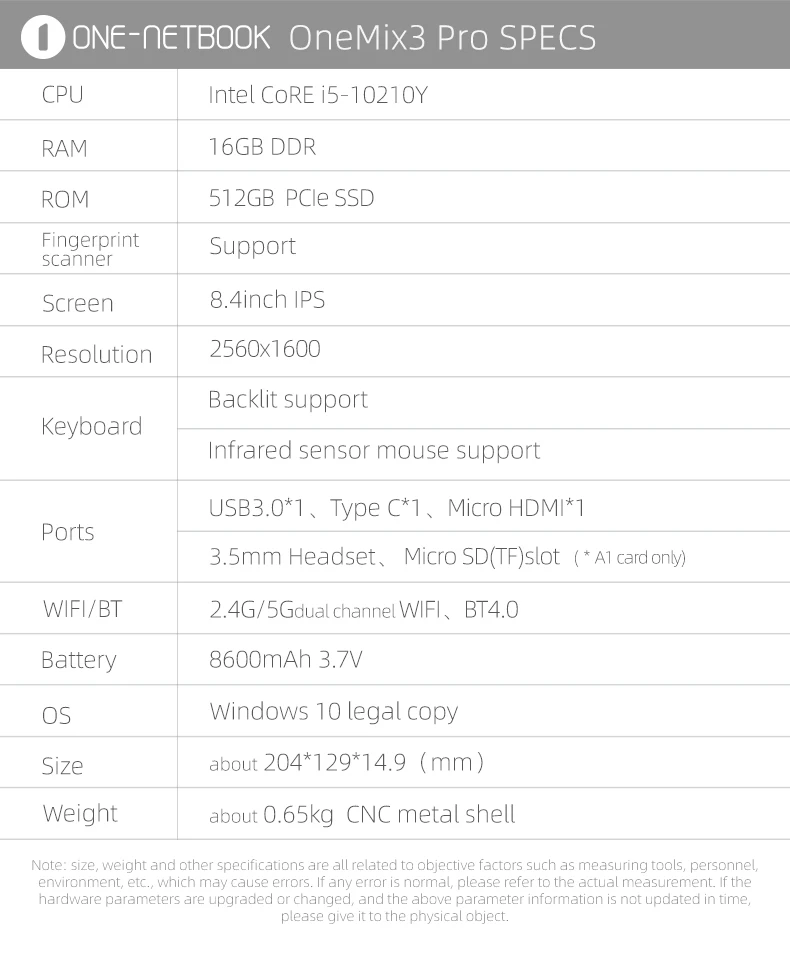 Топ ноутбук 8,4 дюймов Mix3Pro планшетный ПК intel quad core i5 10210Y 6M cache Backlitkeybaod Bluetooth 5G ips экран 16G 512G EMMC
