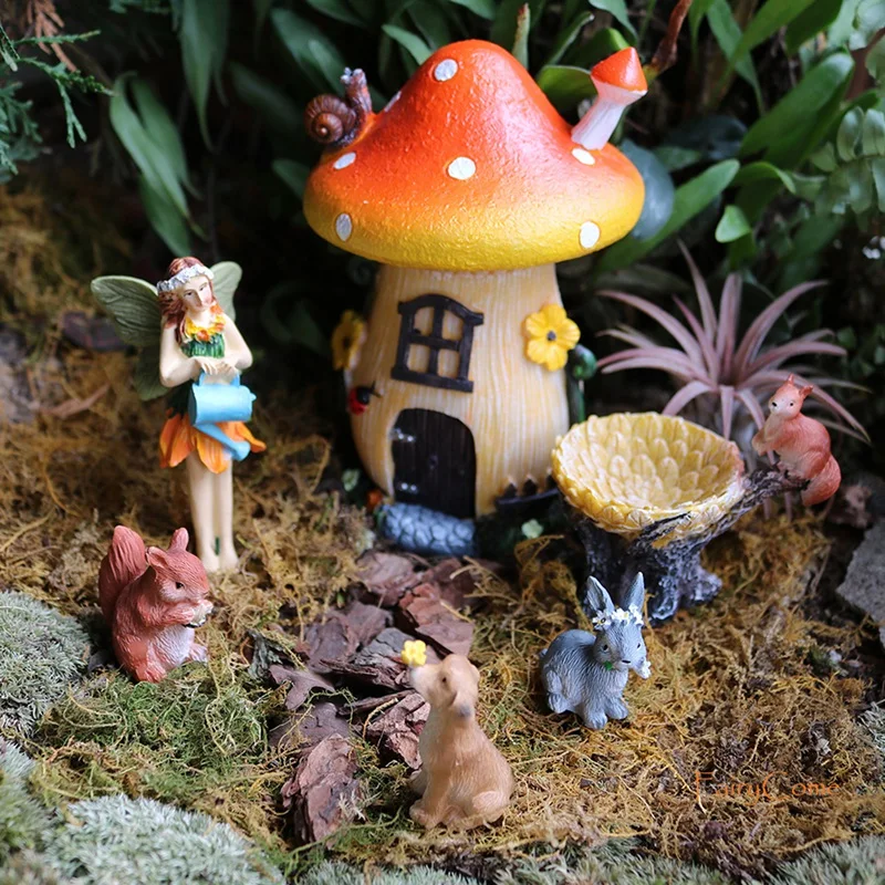 

New 6Pcs Fairy Garden Kit with Miniature Mushroom House Dog Bunny Squirrels Fairies Figurines Accessories for Outdoor Decor