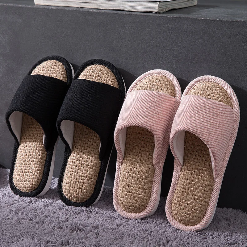 Home Linen Slippers Men Couple Soft Thick Bottom Indoor Household Anti-Skid Air Conditioning Breathable Wear-Resistant