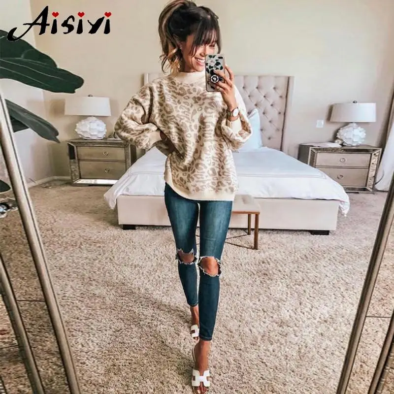 Knitwear Leopard Sweater Female Autumn Plus Size Batwing Sleeve Oversize Loose Thick Warm Women Winter Knitting Pullover | Женская