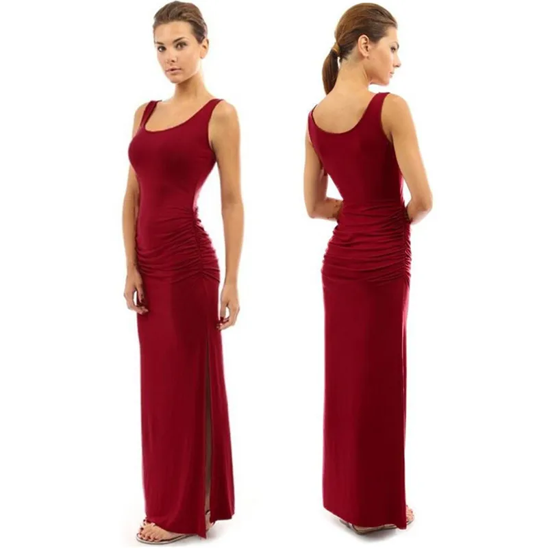Женское платье макси летнее однотонное облегающее без рукавов длинное на