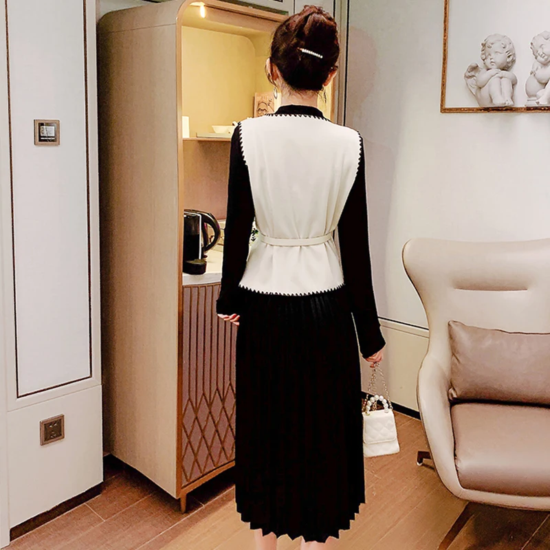 

Autumn Winter Women's Sets French Retro Long-sleeved Dresses Waist Short Vest New Casual Female Two-piece Sets QX857