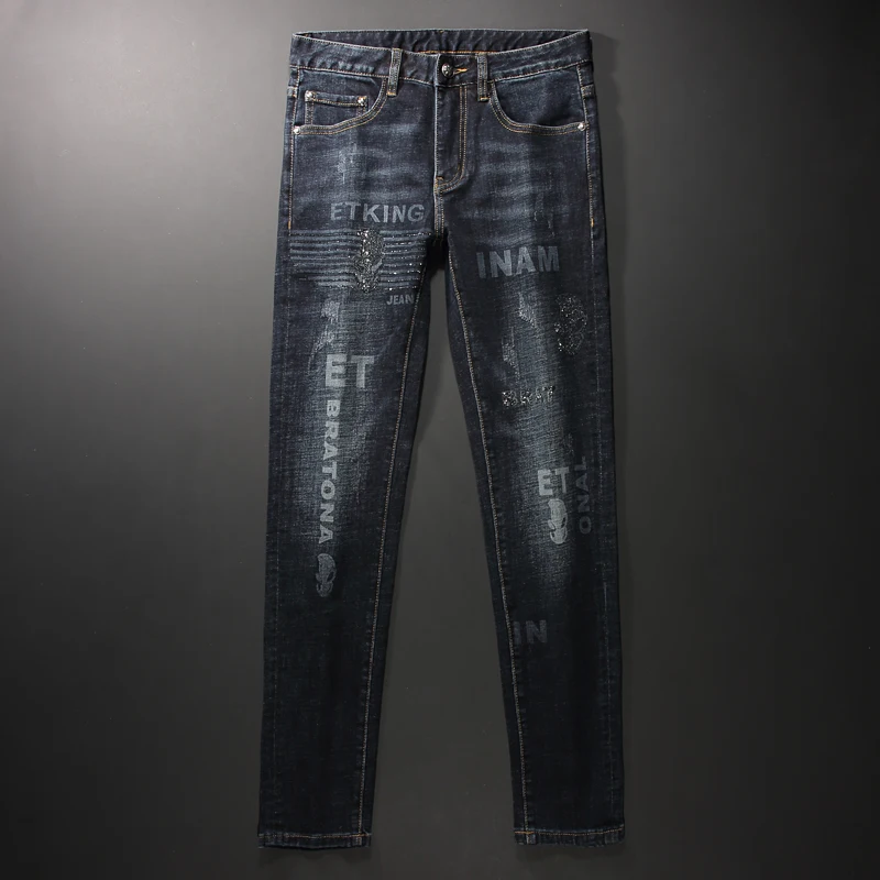 European American Street Fashion Men Jeans Retro Elastic Slim Fit Ripped Printed Jeans Men Skull Embroidery Designer Punk Pants