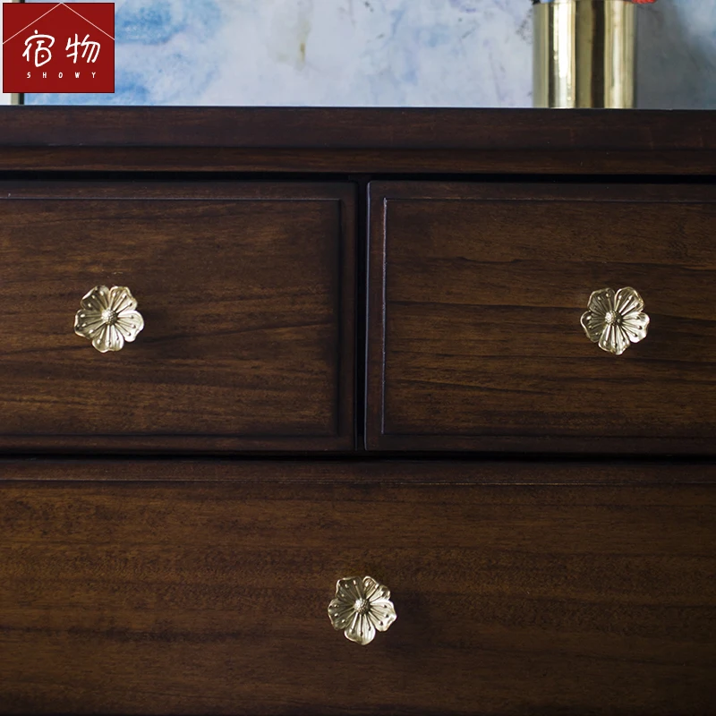 

All Copper Handle American Style Retro Light Luxury Drawer Cabinet Wardrobe Door Pure Brass Gold Single Hole Flower Handle